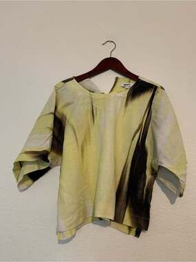 DKNY Yellow and Black Abstract Brushstroke Tunic Top Linen Blend XS